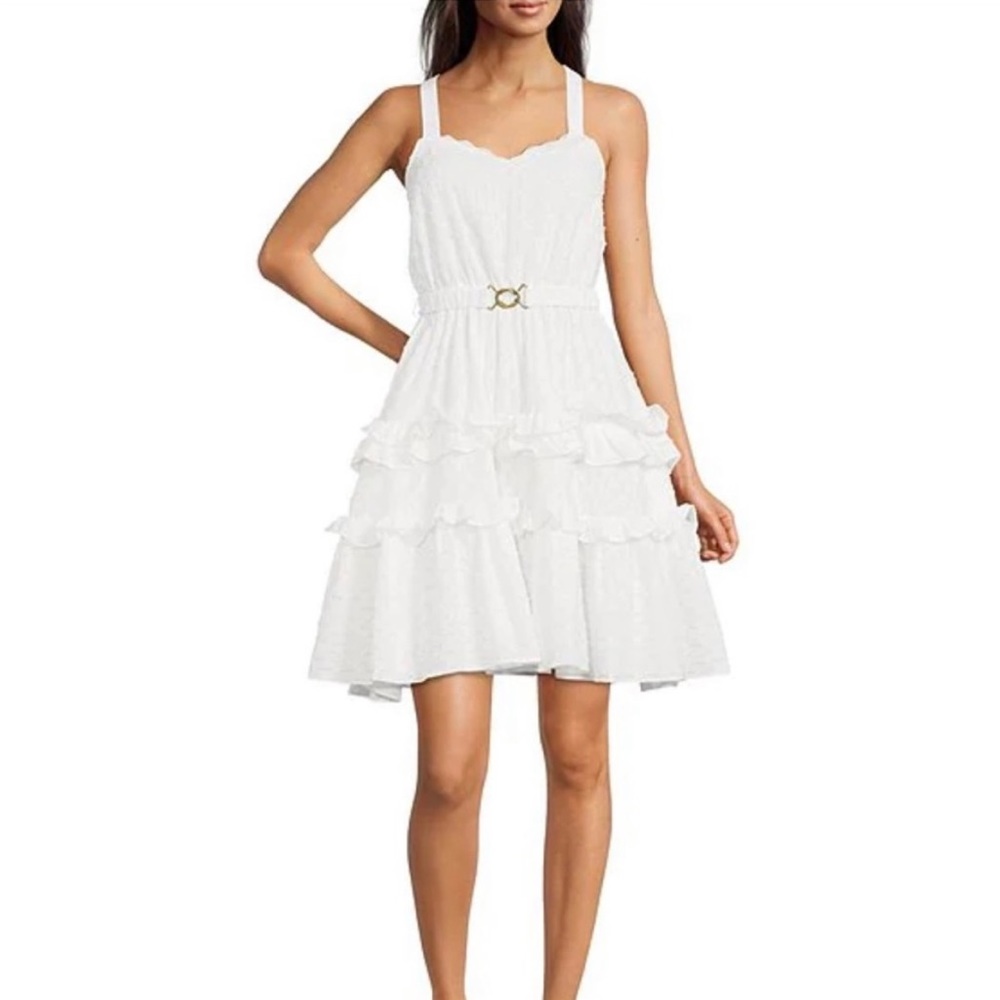 LDT Celia Tiered White Ruffle Dress Size 10 New